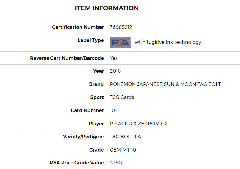 Pikachu Zekrom GX Sa Sm9 101/095 SR F/A Pokemon Card Japanese PSA 10